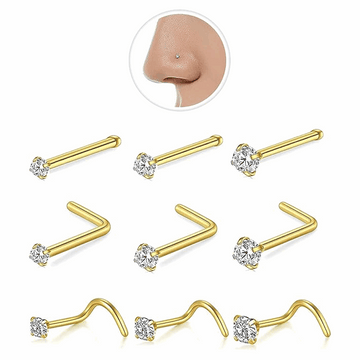 9-Pcs Nose Studs Variety Pack piercing Studs with CZ