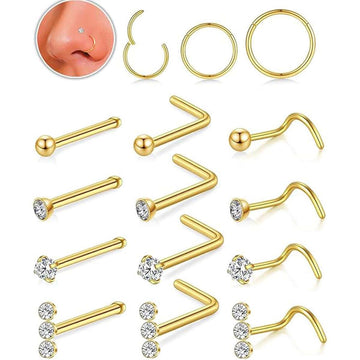 Hypoallergenic 18G/20G Nose Rings Set - 316L Stainless Steel with Cubic Zirconia