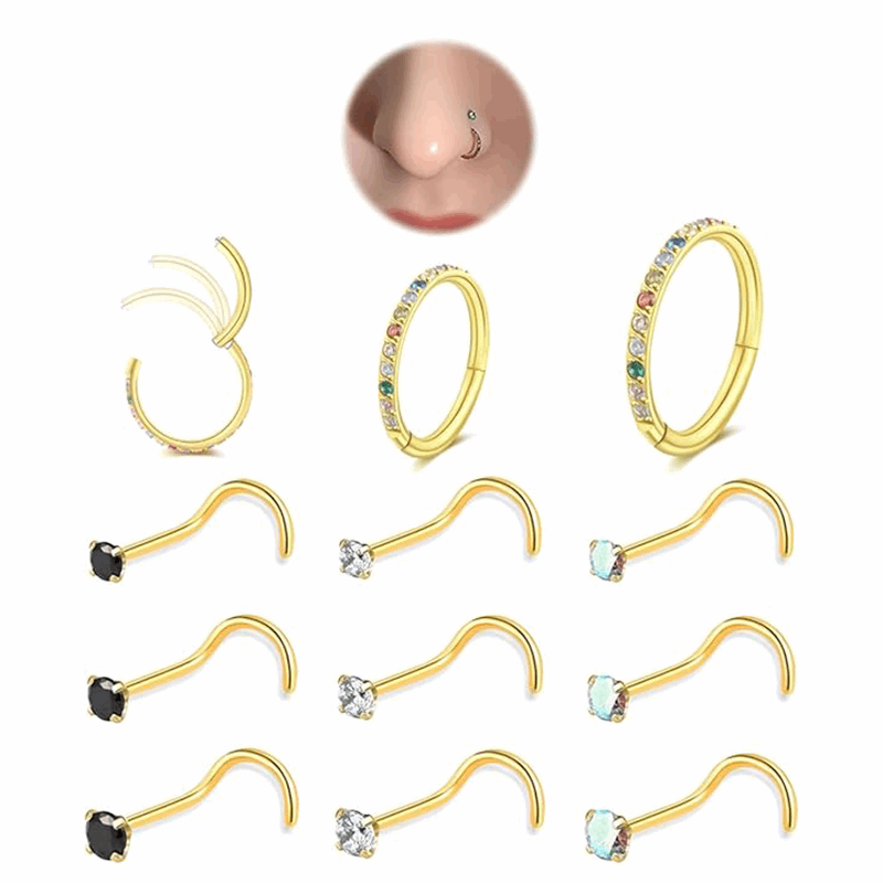 12 Pcs Piercing Jewelry Nose Rings Studs with CZ