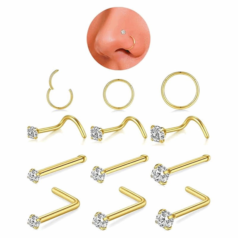 18K Gold Nose Studs Sets Real Body Piercing Jewelry