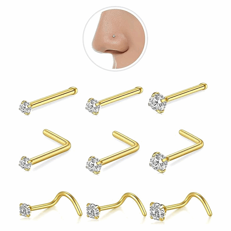 9-Pcs  Nose Studs Variety Pack piercing Studs with CZ