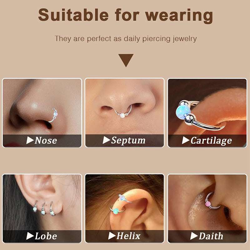 Hypoallergenic Opal Beaded Small Hinged Hoop and L-Shaped Nose Studs Set.