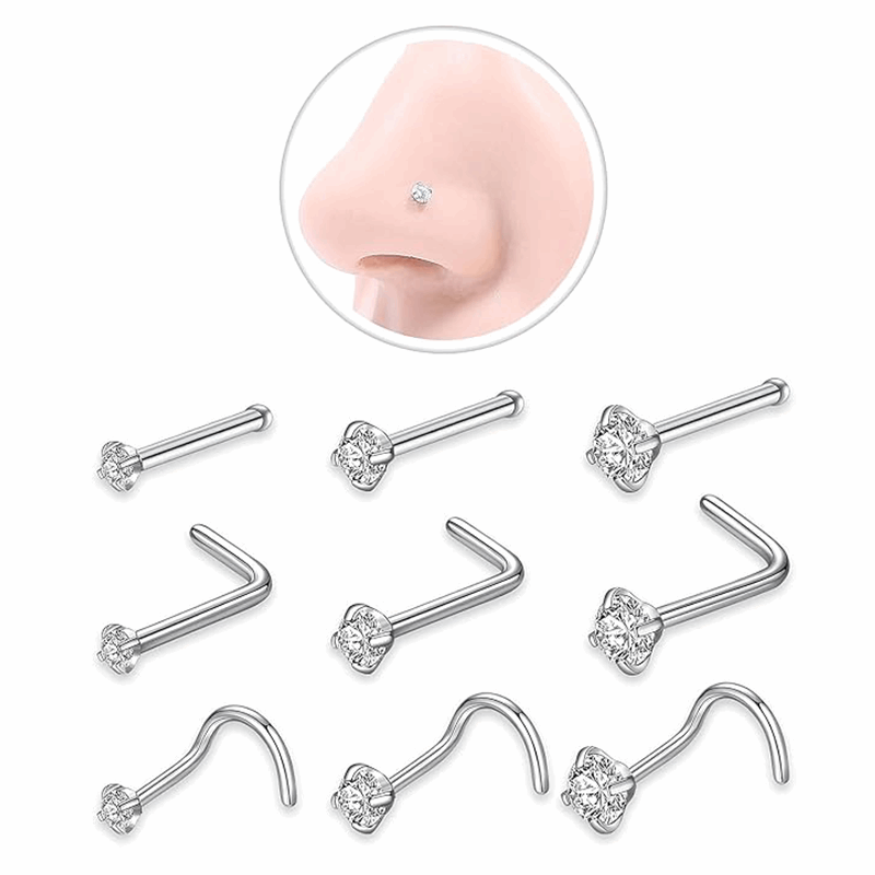 9-Pcs  Nose Studs Variety Pack piercing Studs with CZ