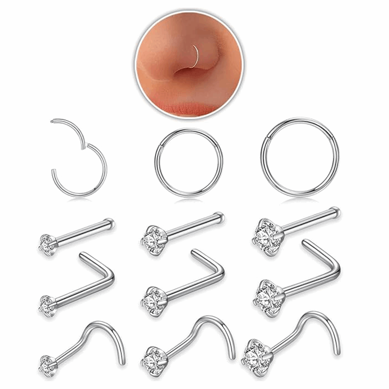 12pcs-Silver-Hoops and Studs Sets Real Body Piercing Jewelry