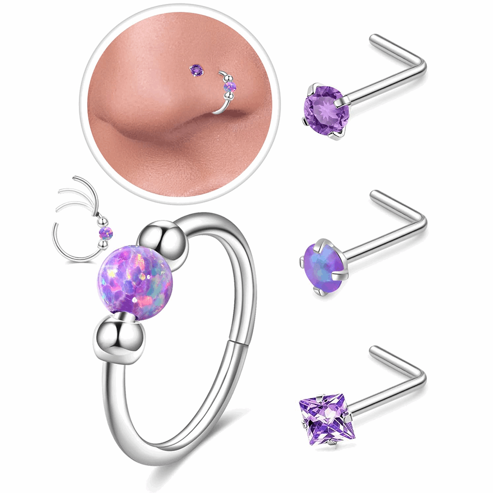 Hypoallergenic Opal Beaded Small Hinged Hoop and L-Shaped Nose Studs Set.