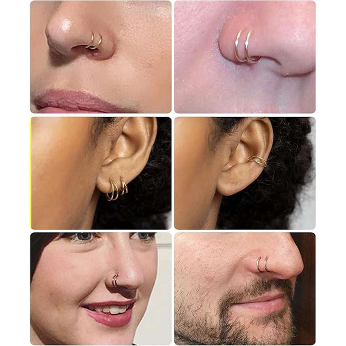 10 - Piece Set: 20G 316L Double Hoop Jewelry for Nose & Ear Piercings, All Genders