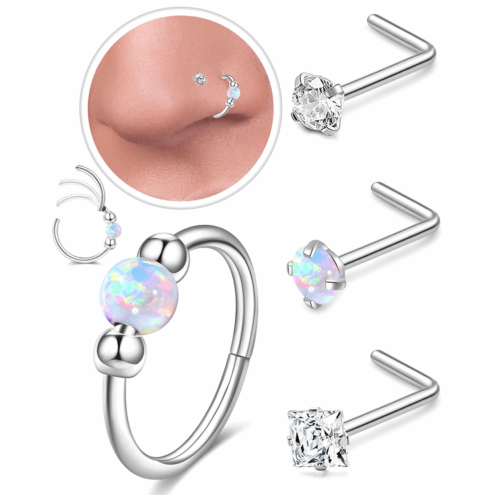 Hypoallergenic Opal Beaded Small Hinged Hoop and L-Shaped Nose Studs Set.