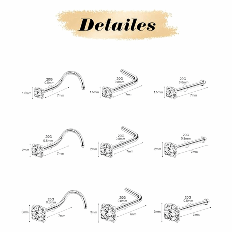9-Pcs  Nose Studs Variety Pack piercing Studs with CZ