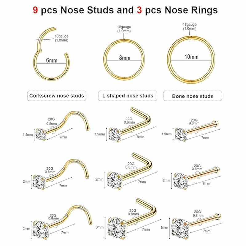 18K Gold Nose Studs Sets Real Body Piercing Jewelry
