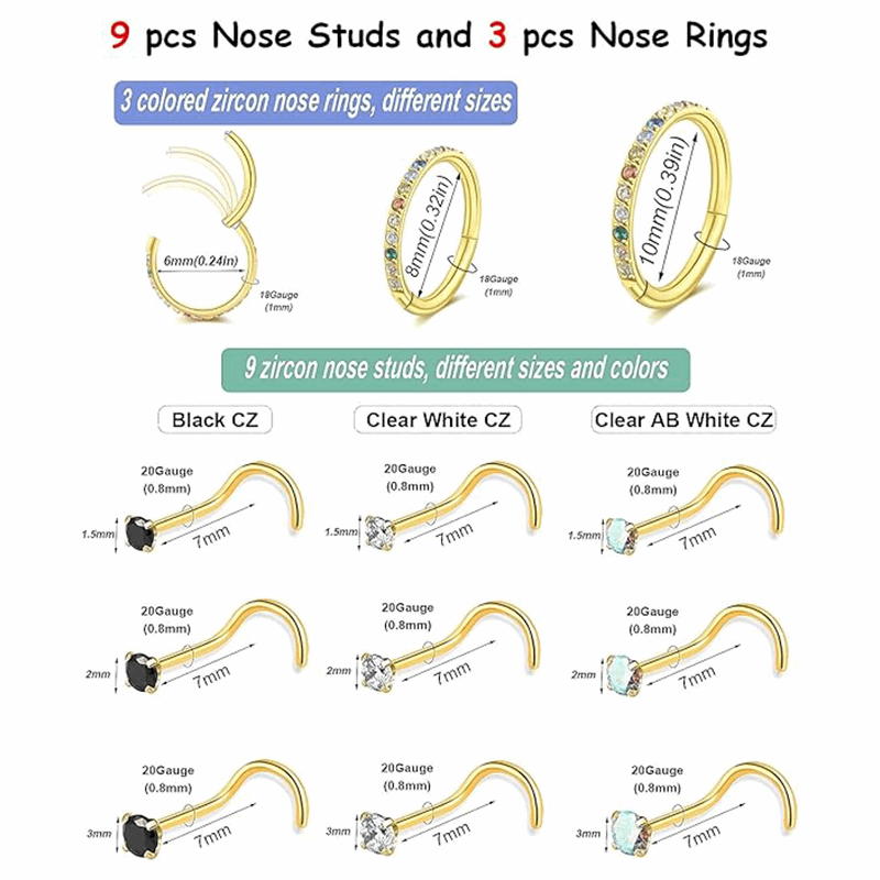 12 Pcs Piercing Jewelry Nose Rings Studs with CZ