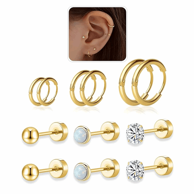 Flat Back Stud Earrings and Small Hoops Earrings Sets