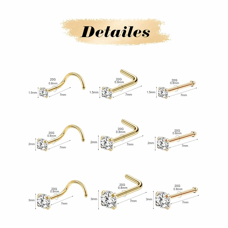 9-Pcs  Nose Studs Variety Pack piercing Studs with CZ