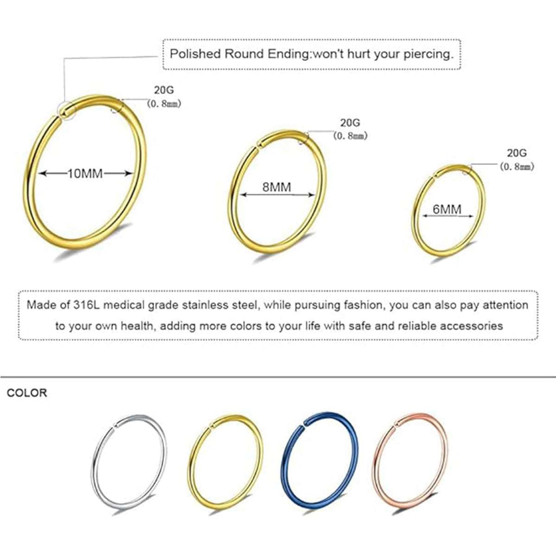 Faux Piercing Jewelry Set: 12 20G Fake Nose Rings, Clip - On Style