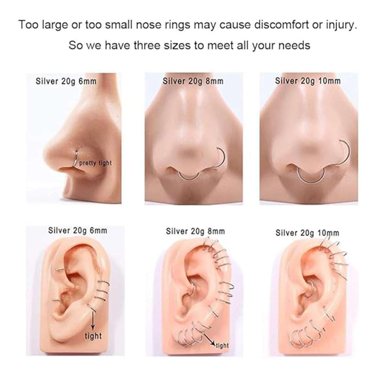 Hypoallergenic 18G/20G Nose Rings Set - 316L Stainless Steel with Cubic Zirconia