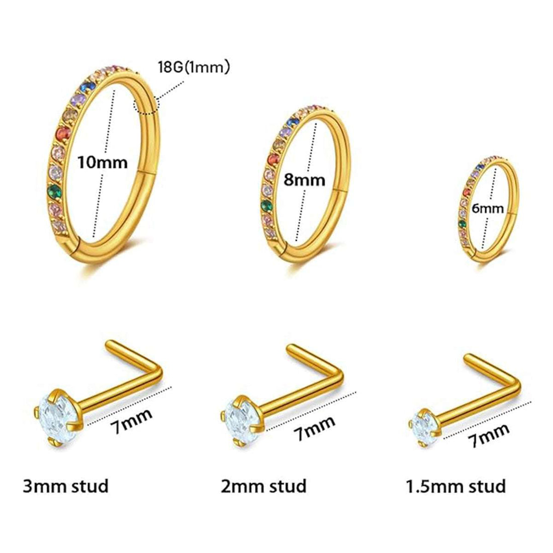14K Gold - Plated 12Pcs Nose Rings Set: 18G Hoops & 20G Studs, Hypoallergenic for Women & Men