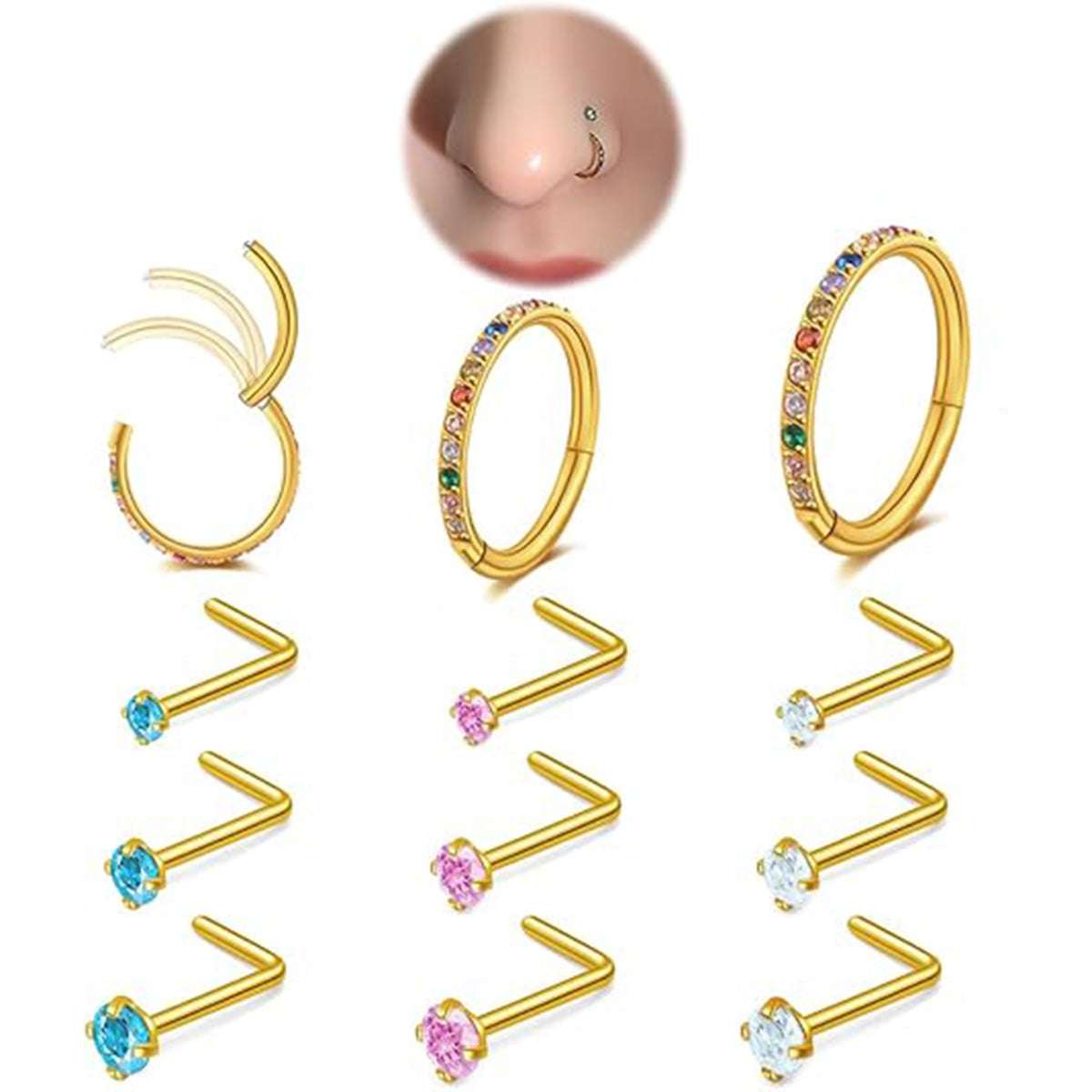 14K Gold - Plated 12Pcs Nose Rings Set: 18G Hoops & 20G Studs, Hypoallergenic for Women & Men