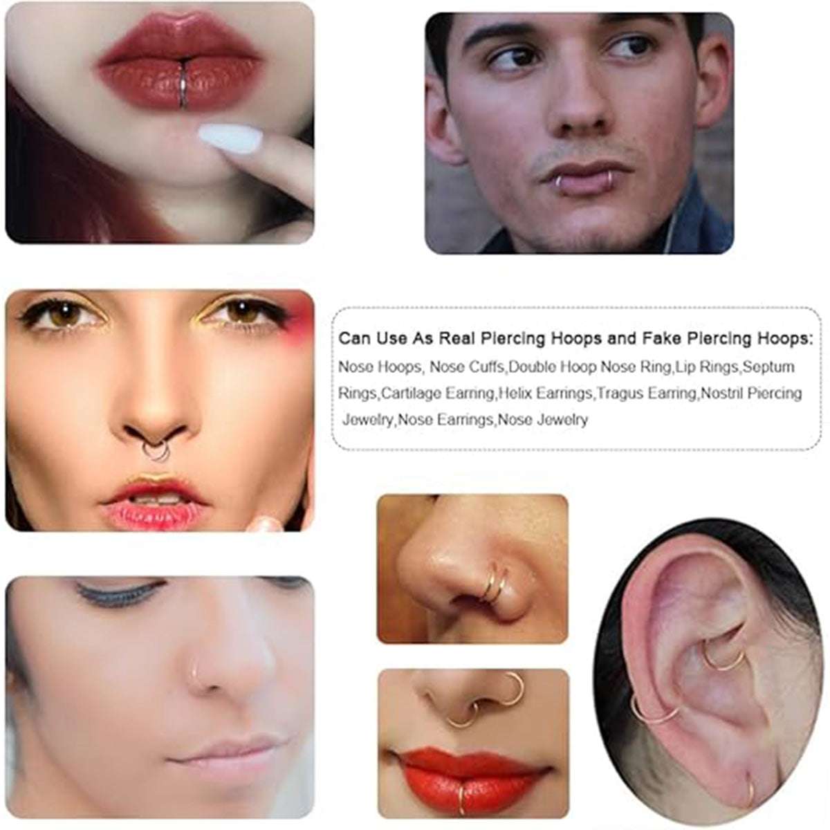 Faux Piercing Jewelry Set: 12 20G Fake Nose Rings, Clip - On Style