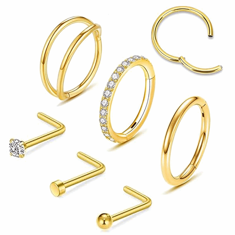 6PCS  Nose Studs Set - 316L Surgical Steel Double Hoop Nose Rings Hoop L Shape Nose Studs with CZ