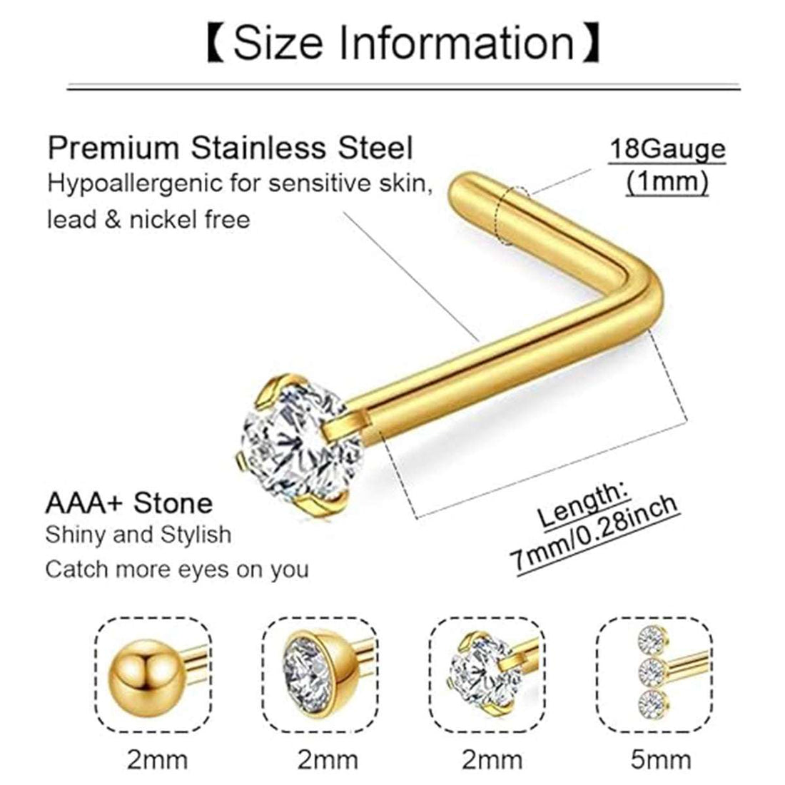 Hypoallergenic 18G/20G Nose Rings Set - 316L Stainless Steel with Cubic Zirconia