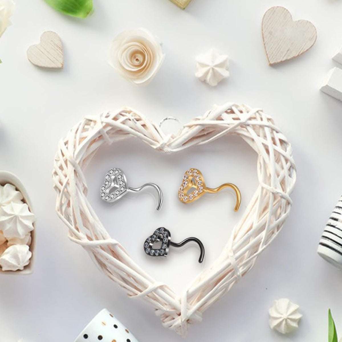 Hypoallergenic 20G Heart Nose Rings Set: 3 PCS in Gold/Silver/Black