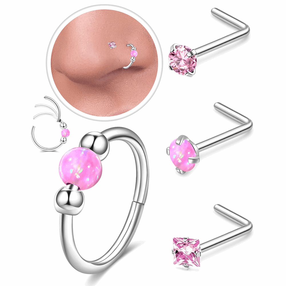 Hypoallergenic Opal Beaded Small Hinged Hoop and L-Shaped Nose Studs Set.