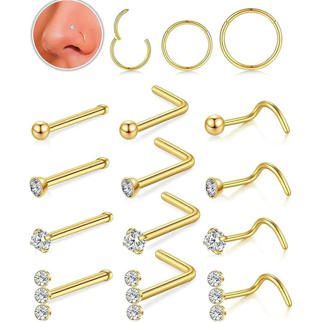 Hypoallergenic 18G/20G Nose Rings Set - 316L Stainless Steel with Cubic Zirconia
