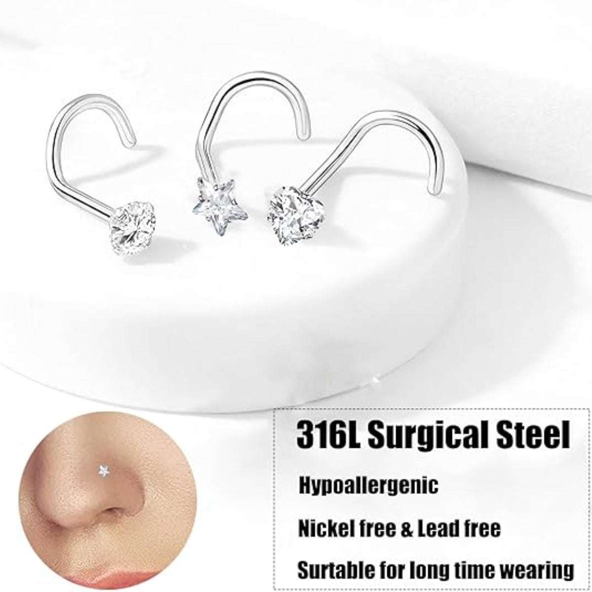 18G/20G 12-Piece Set of Hypoallergenic 316L Surgical Steel Nose Studs