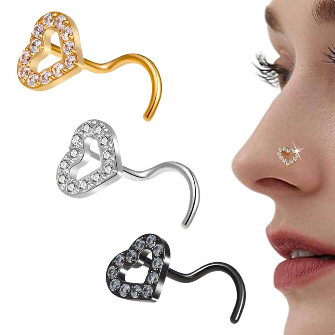 Hypoallergenic 20G Heart Nose Rings Set: 3 PCS in Gold/Silver/Black