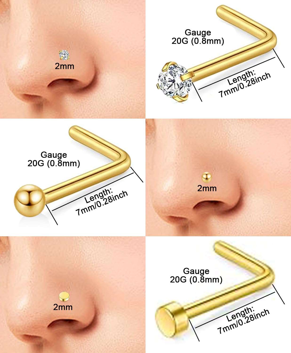 6PCS  Nose Studs Set - 316L Surgical Steel Double Hoop Nose Rings Hoop L Shape Nose Studs with CZ