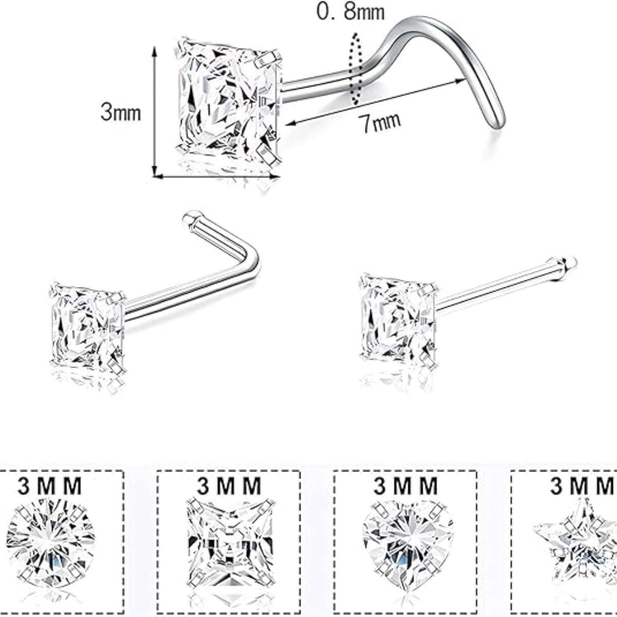 18G/20G 12-Piece Set of Hypoallergenic 316L Surgical Steel Nose Studs