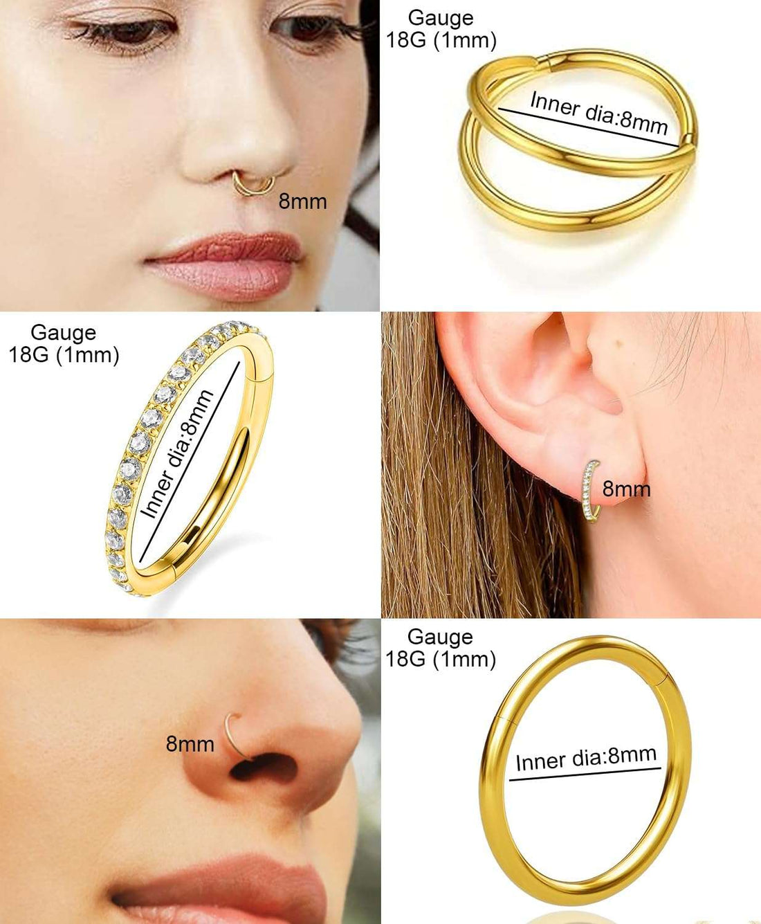 6PCS  Nose Studs Set - 316L Surgical Steel Double Hoop Nose Rings Hoop L Shape Nose Studs with CZ