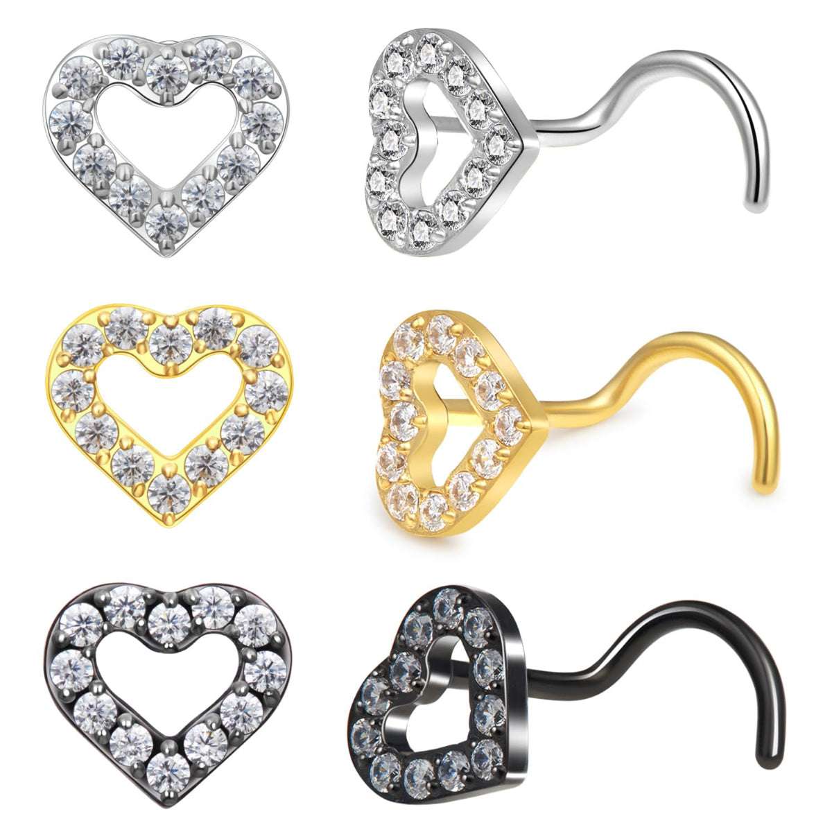 Hypoallergenic 20G Heart Nose Rings Set: 3 PCS in Gold/Silver/Black