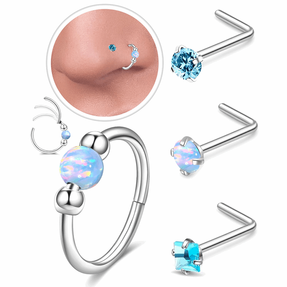 Hypoallergenic Opal Beaded Small Hinged Hoop and L-Shaped Nose Studs Set.
